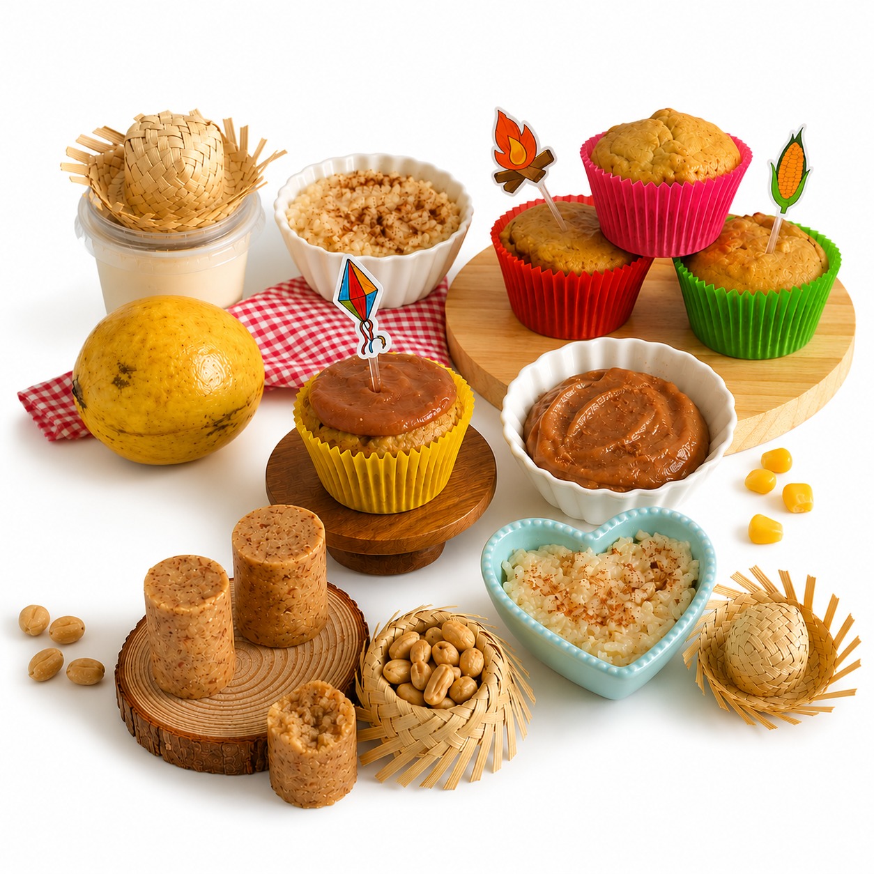 Doces juninos descritos: cupcake de milho, paçoca, arroz doce